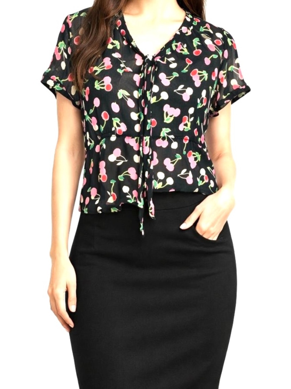 top RAFAELLA vintage PS fine silk cropped tie neck button up cap sleeve sheer